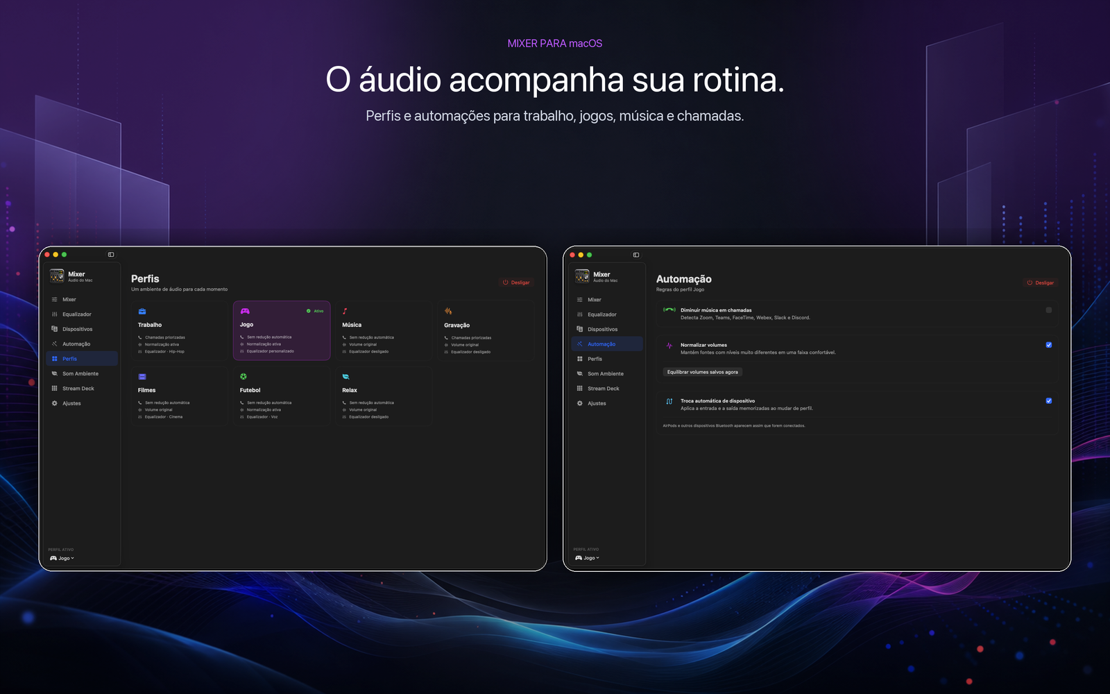 Perfis e automações de áudio