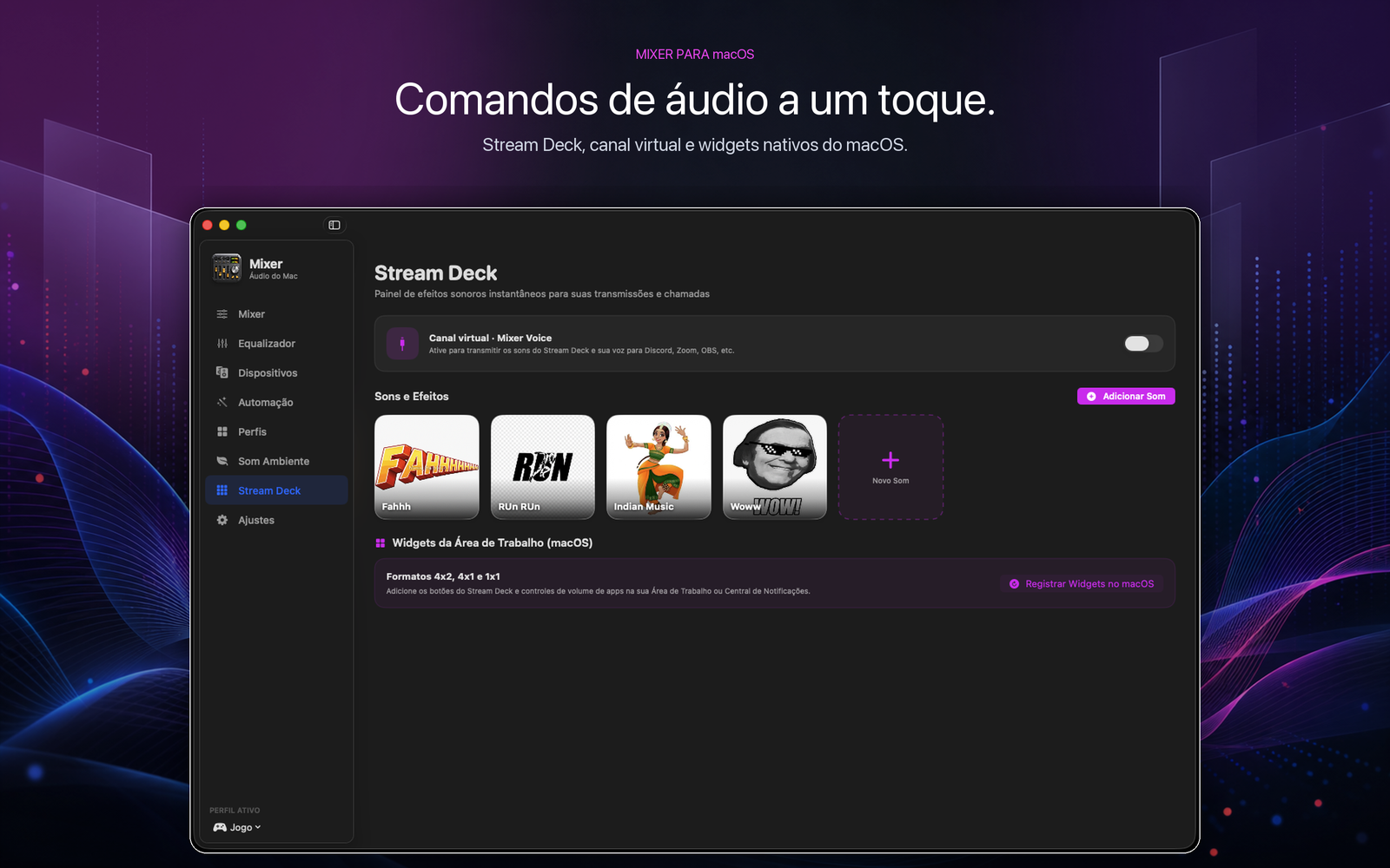 Widgets nativos e painel de som